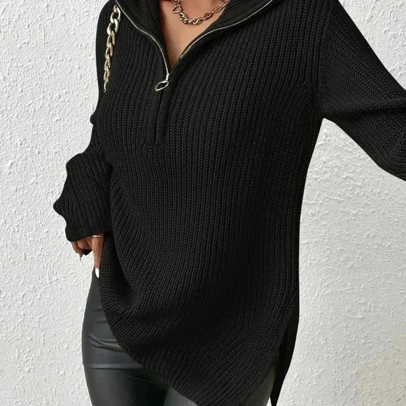 Black Casual Women's Half Zip Drop Shoulder Grain Sweater - Picture 4 of 7